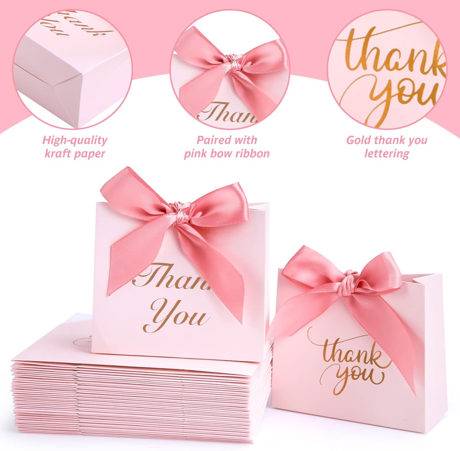 24PCS Thank You Gift Bags, 4.5X3.9X1.8Inches Mini Party Favor Bags Pink Small Candy Boxes with Ribbon Small Gift Boxes for Wedding Bridal Baby Shower Birthday Party