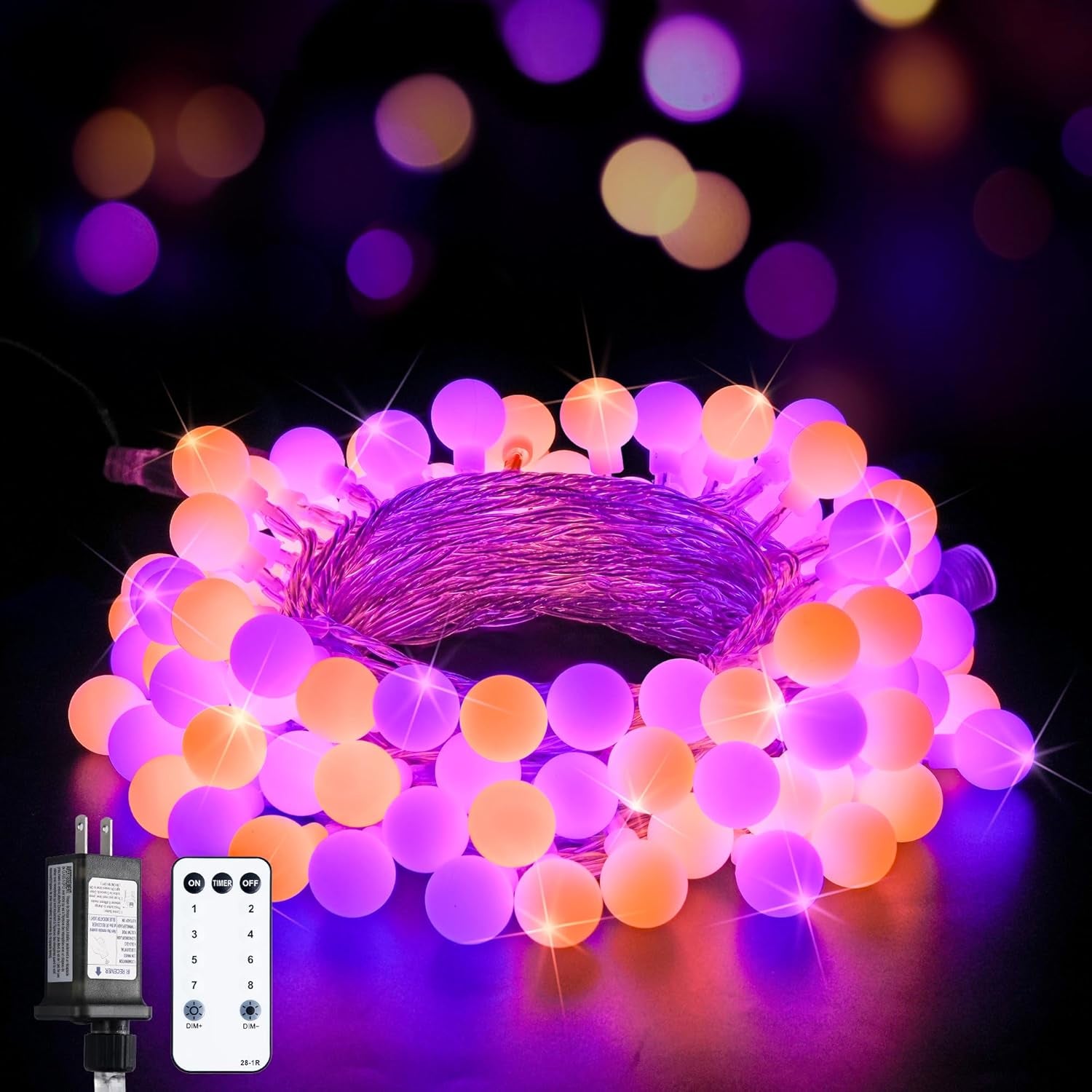 100 LED Globe String Lights Indoor Plug in with Remote, 33Ft Connectable Christmas Lights Outdoor, 8 Modes Orange and Purple Fairy Light Outdoor for Bedroom Room Party Christmas Decor