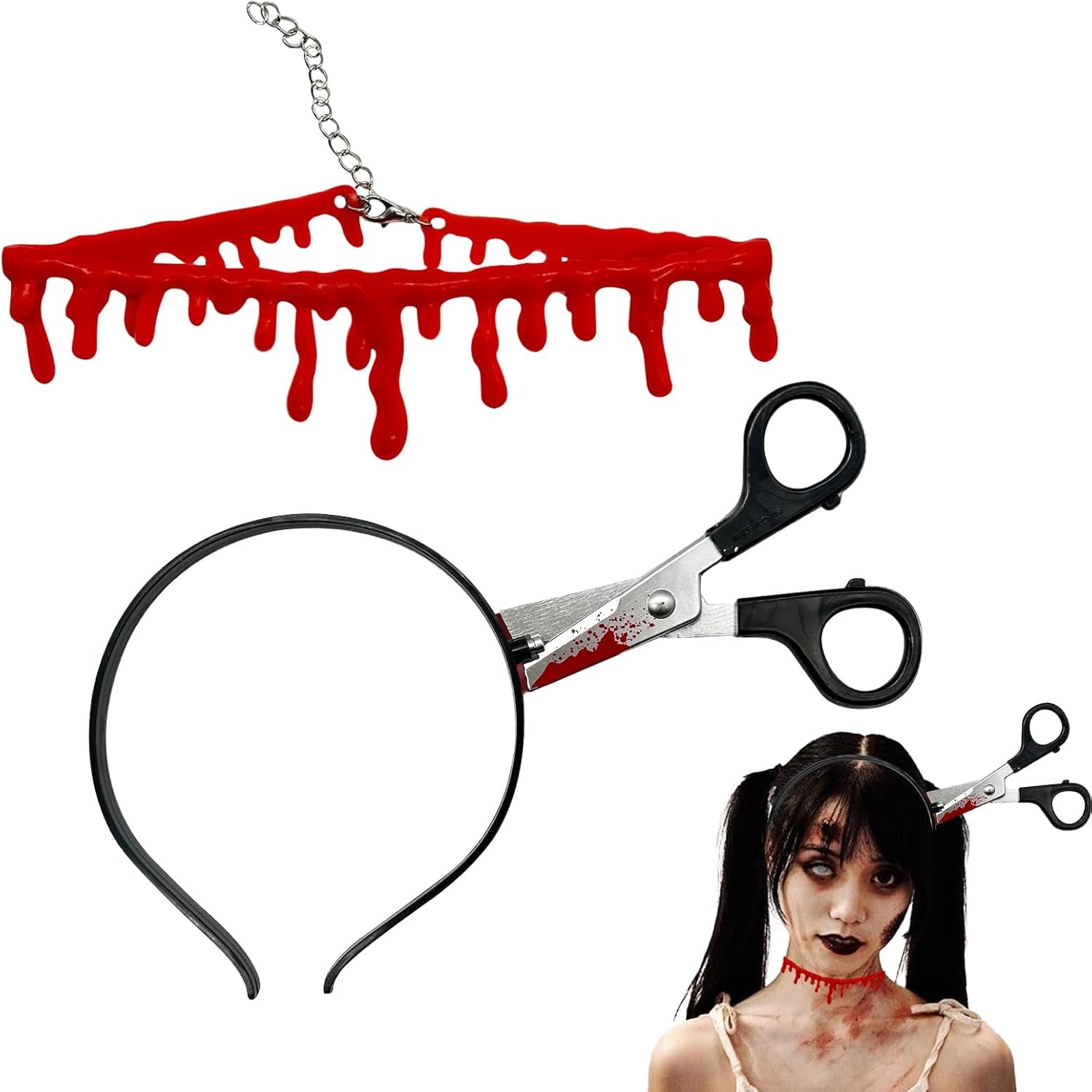 2Pcs Halloween Fake Knife Headband Kits, Vampire Fake Blood Necklace and Fake Scissor Headband, Halloween Zombie Accessories