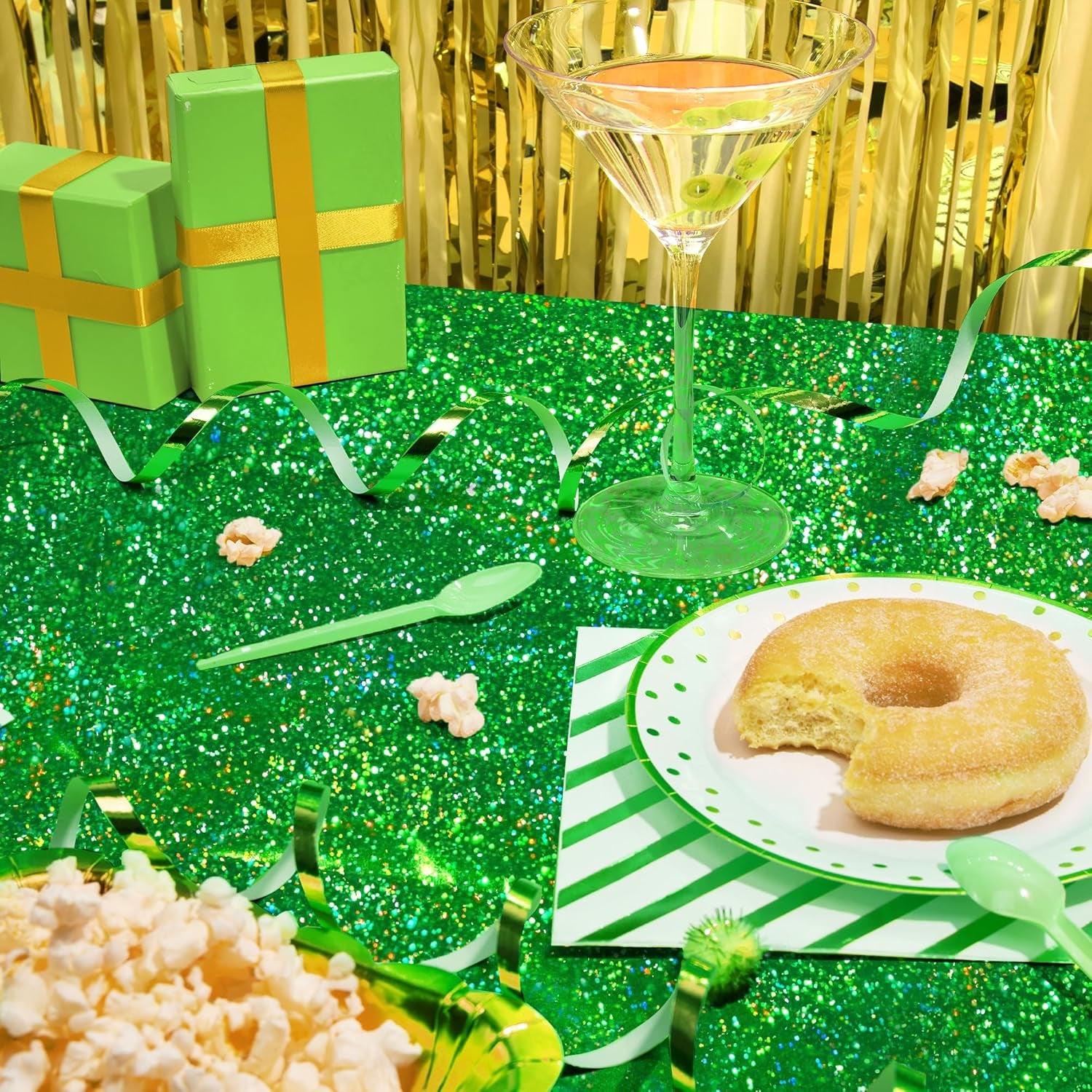 1 Pcs Green Holographic Laser Tablecloth 40" X 108" Christmas Table Cloth Shimmer Shining Plastic Metallic Table Cover for Jungle Safari Wild One Baby Shower Birthday Party Decoration Supplies