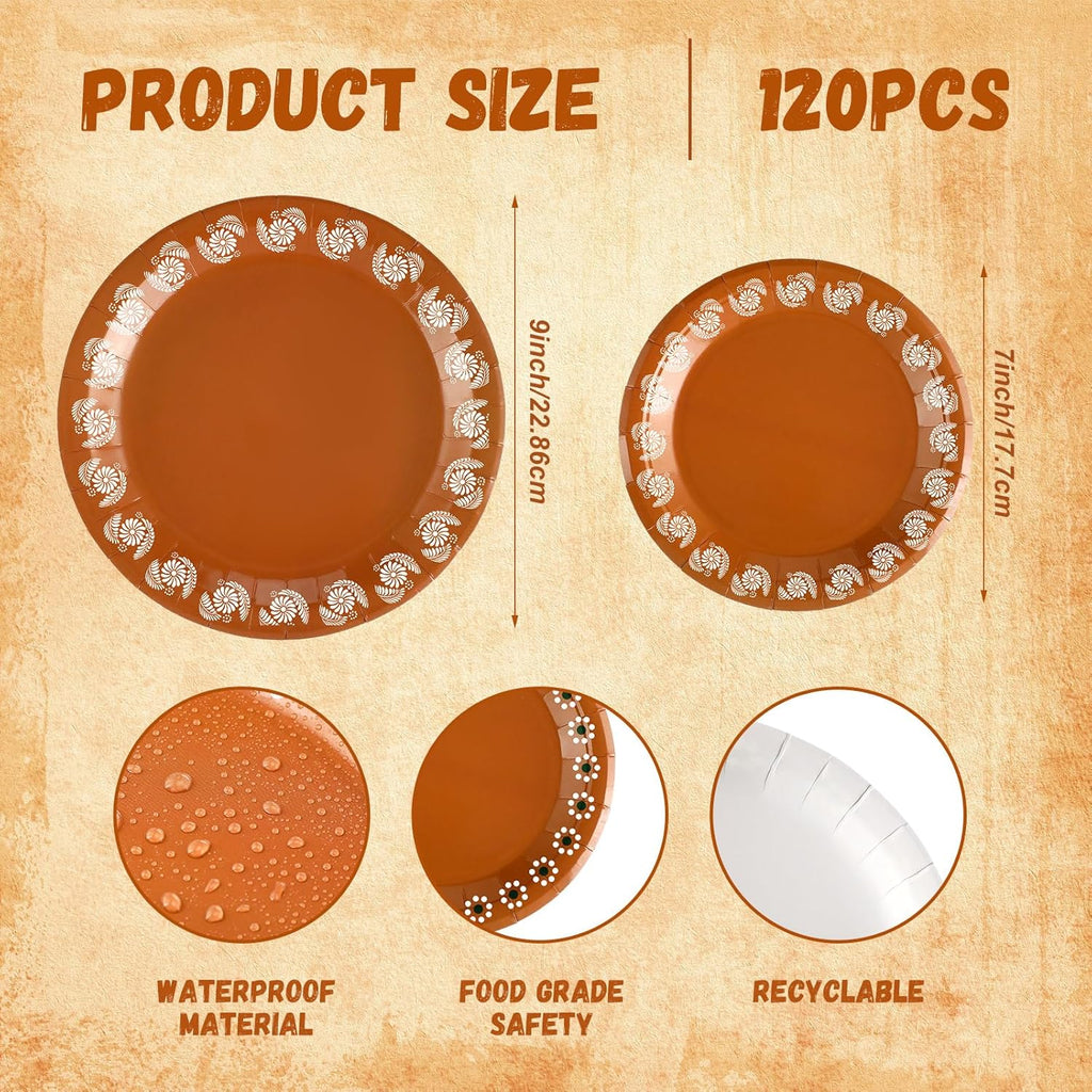 120 Pcs Platos De Barro Mexicanos Paper Plates Fall Cielito Lindo Party Decoration 7/9 Inch Mexican Plates Terracotta Flower Clay Pottery Paper Birthday Wedding Party Supplies (White Flowers)