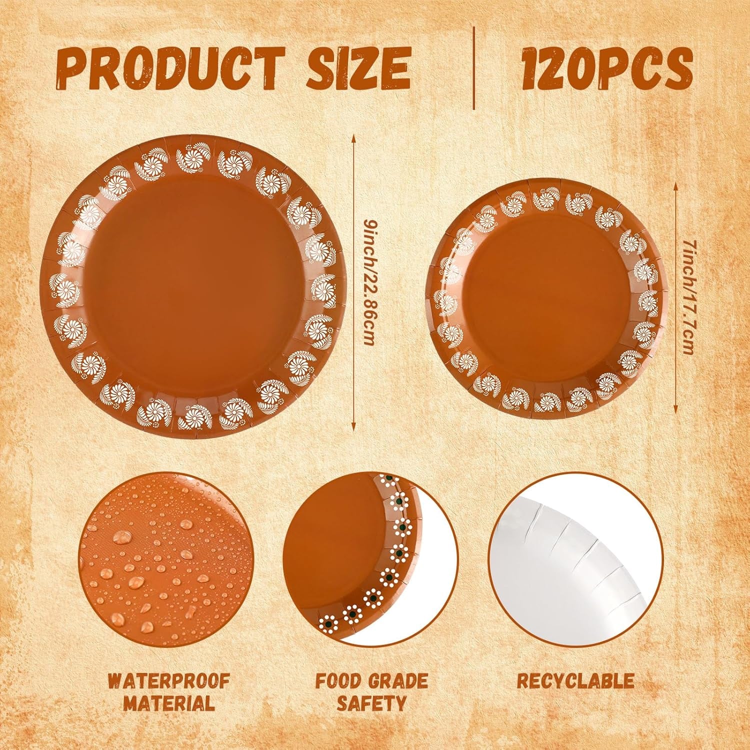 120 Pcs Platos De Barro Mexicanos Paper Plates Fall Cielito Lindo Party Decoration 7/9 Inch Mexican Plates Terracotta Flower Clay Pottery Paper Birthday Wedding Party Supplies (White Flowers)