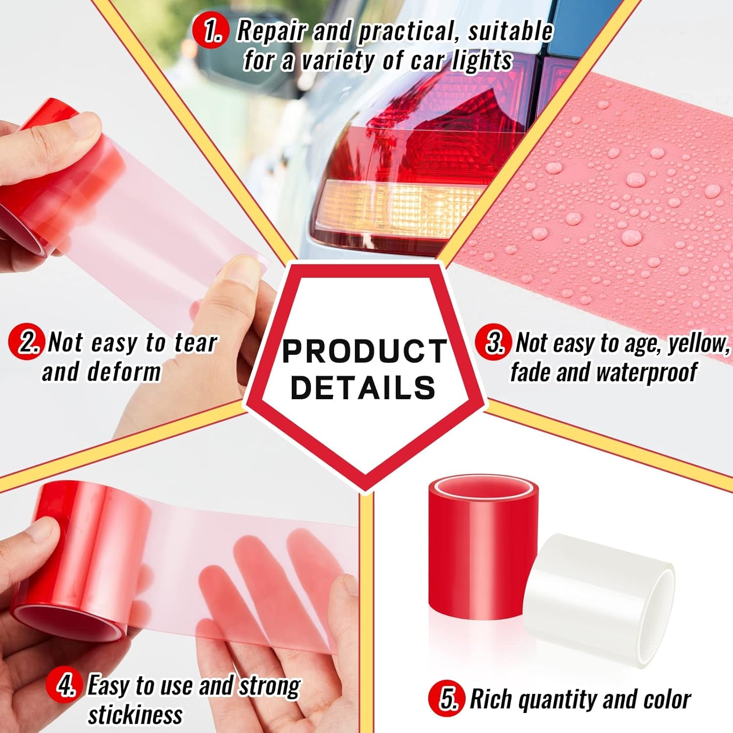 16.4 Ft X 2 Inches Self Adhesive Repair Light Tape Auto Tail Fog Lights Tint Headlight Lens (Red, Clear, Rolls)
