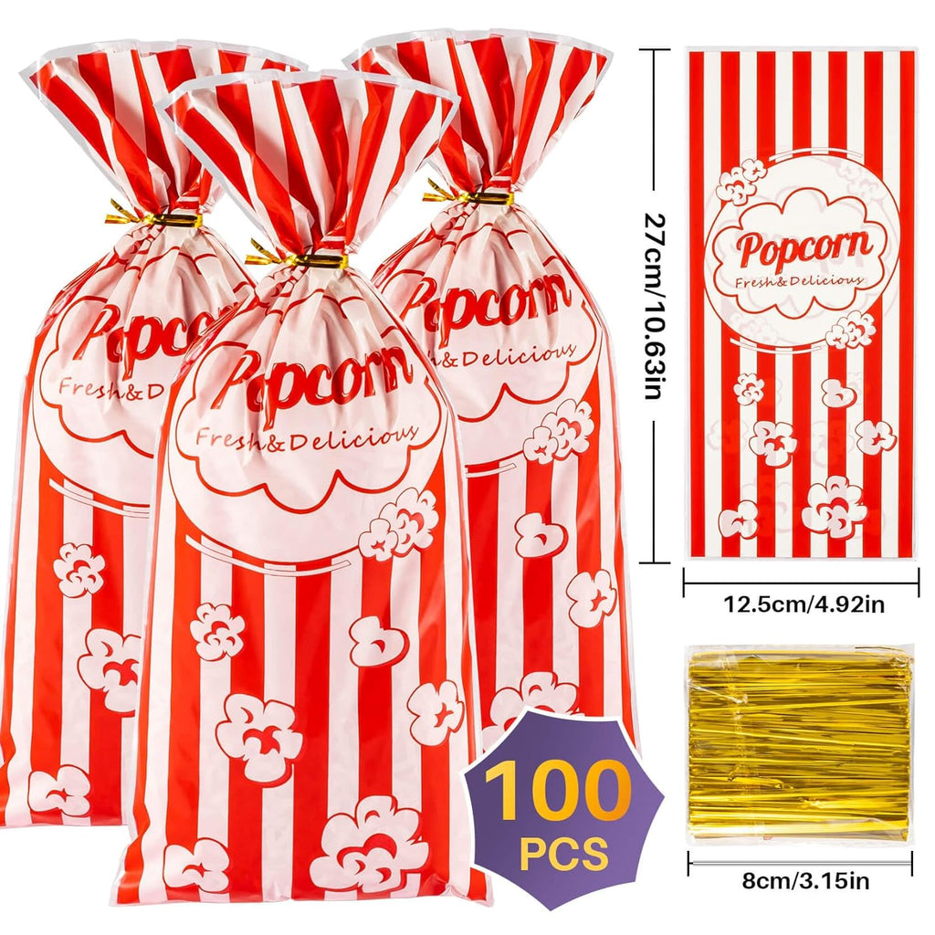 100 Popcorn Bags Individual Servings - Plastic Popcorn Food Bags with Twist Tie Pop Corn Party Sleeves Bulk Bar Snack Containers Nostalgia Gift Packs Carnival Halloween Christmas Movie Night Supplies