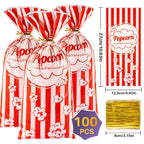 100 Popcorn Bags Individual Servings - Plastic Popcorn Food Bags with Twist Tie Pop Corn Party Sleeves Bulk Bar Snack Containers Nostalgia Gift Packs Carnival Halloween Christmas Movie Night Supplies