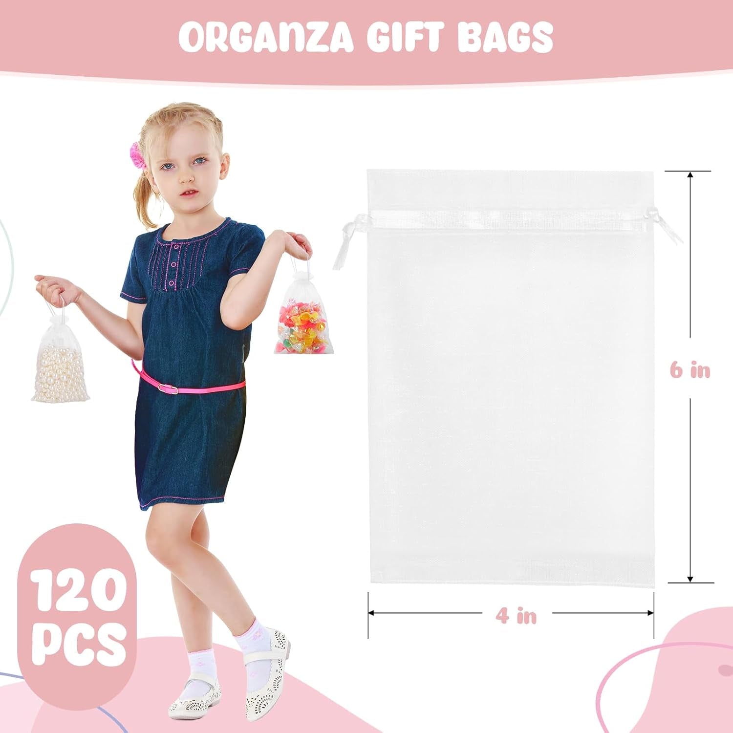 120PCS Organza Bags with Drawstring, White Sheer Gift Pouch Candy Bags for Christmas Party Favors 4 X 6 Inch