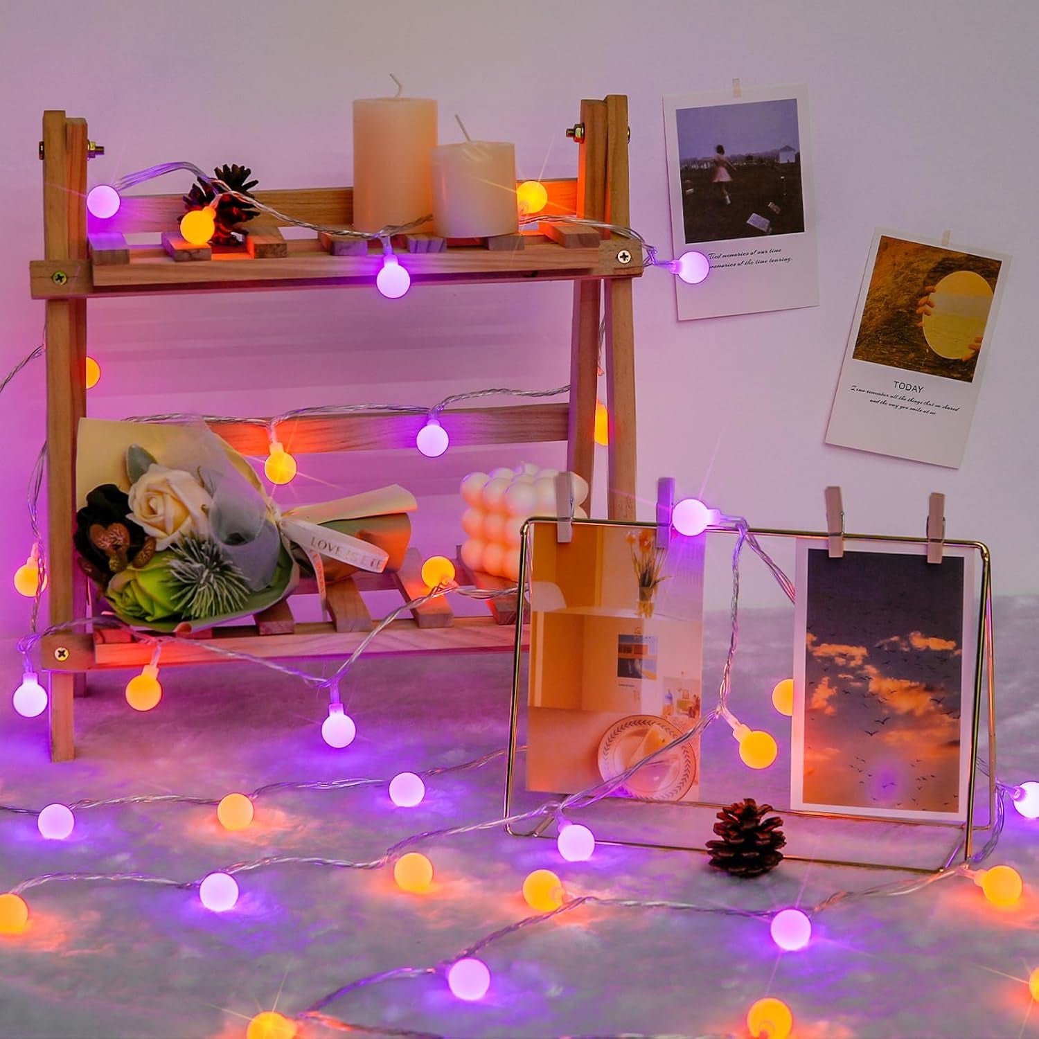 100 LED Globe String Lights Indoor Plug in with Remote, 33Ft Connectable Christmas Lights Outdoor, 8 Modes Orange and Purple Fairy Light Outdoor for Bedroom Room Party Christmas Decor