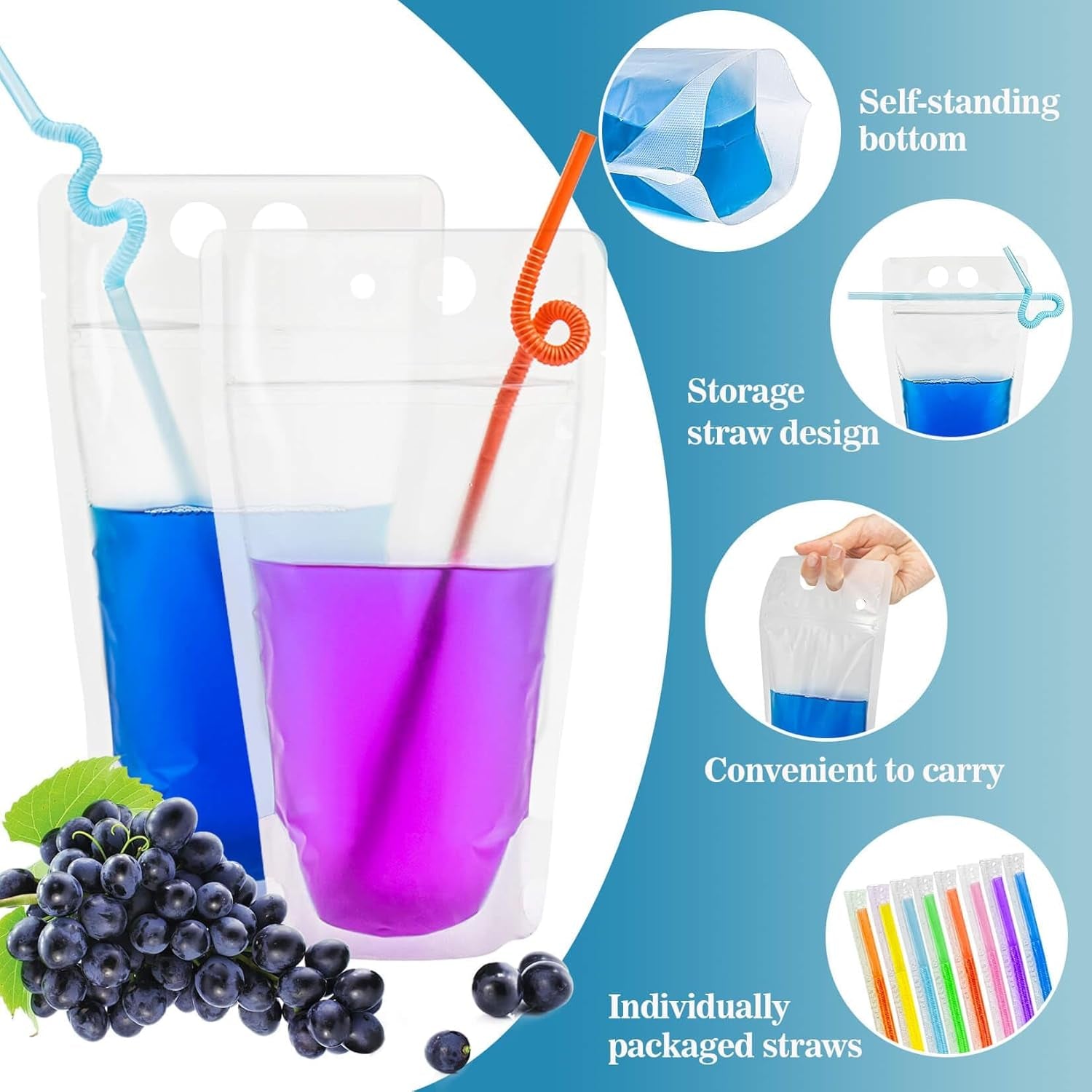 100 Drink Pouches with Straws Individually-Wrapped - 17Oz Juice Drink Pouches Adult Clear Plastic Halloween Blood Bag Reusable Liquid Smoothie Party Hot Weather Cooling