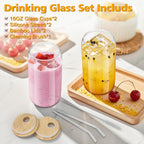 2PCS Glass Cups with Bamboo Lids and Straws, 16OZ Ice Coffee Cup, Drinking Cup Set with Wooden Lids, Home Essential Glass Tumblers for Beer, Cocktail, Tea and Latte Clear