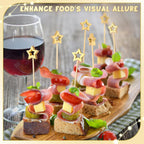 100PCS Gold Star Cocktail Picks, Decorative Fancy Toothpicks for Appetizers, 5.2 Inch Long Bamboo Skewers, Wooden Garnish Sticks for Drinks Food Fruit Party Supplies Charcuterie Boards Accessories