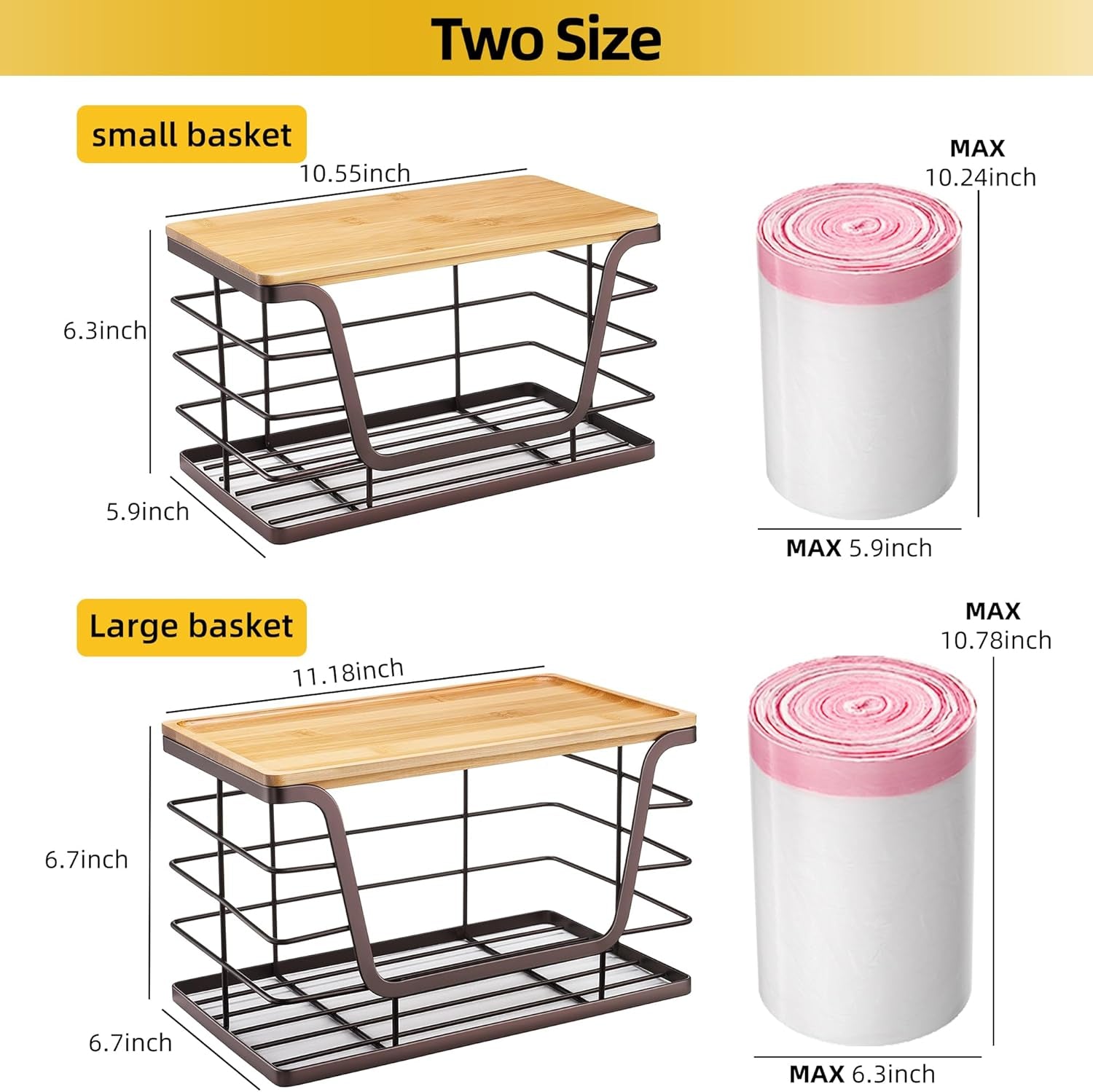 2 Pack Stackable Wire Storage Basket with Bamboo Lip, Trash Bag Dispenser under Sink for 4-13 Gal Bags, Kitchen Storage Bins for Potato and Onion, Brown