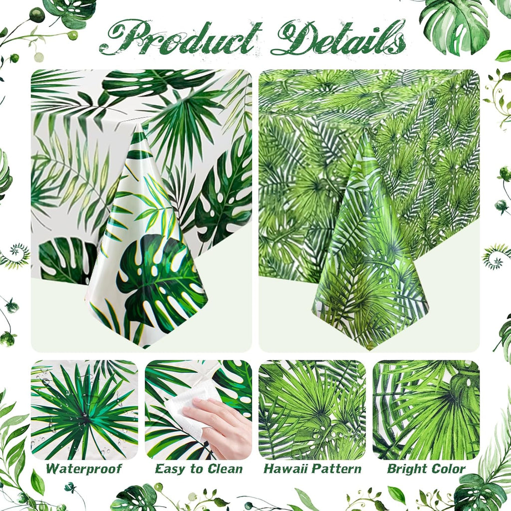 2 Pieces 54 X 108 Inch Hawaii Palm Leaves Tablecloth Plastic Tropical Jungle Tablecover Rectangular Luau Safari Hawaiian Themed Birthday Party Decorations