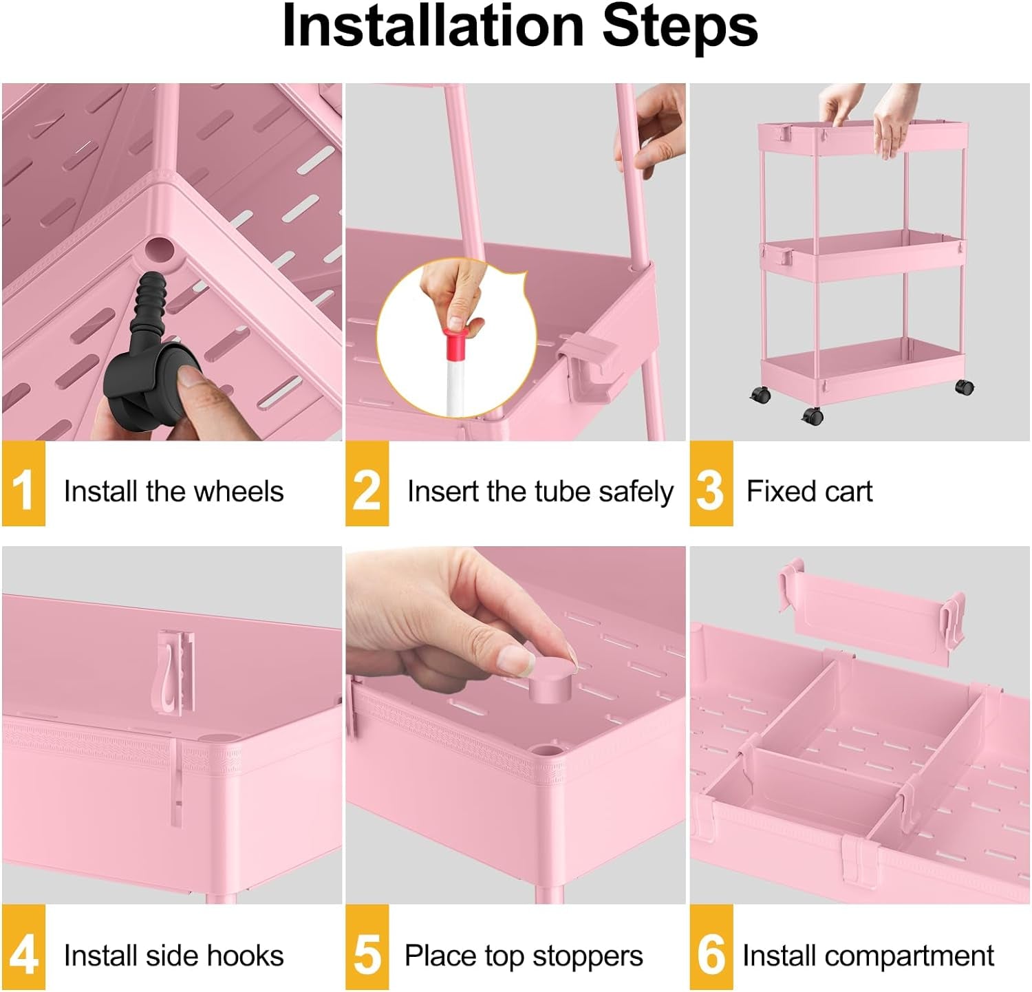 3 Tier Rolling Cart with Wheels, Storage Craft Art Trolley Organizer Serving, 3 Hanging Baskets Easy Assembly, for Office, Living Room, Kitchen, Pink