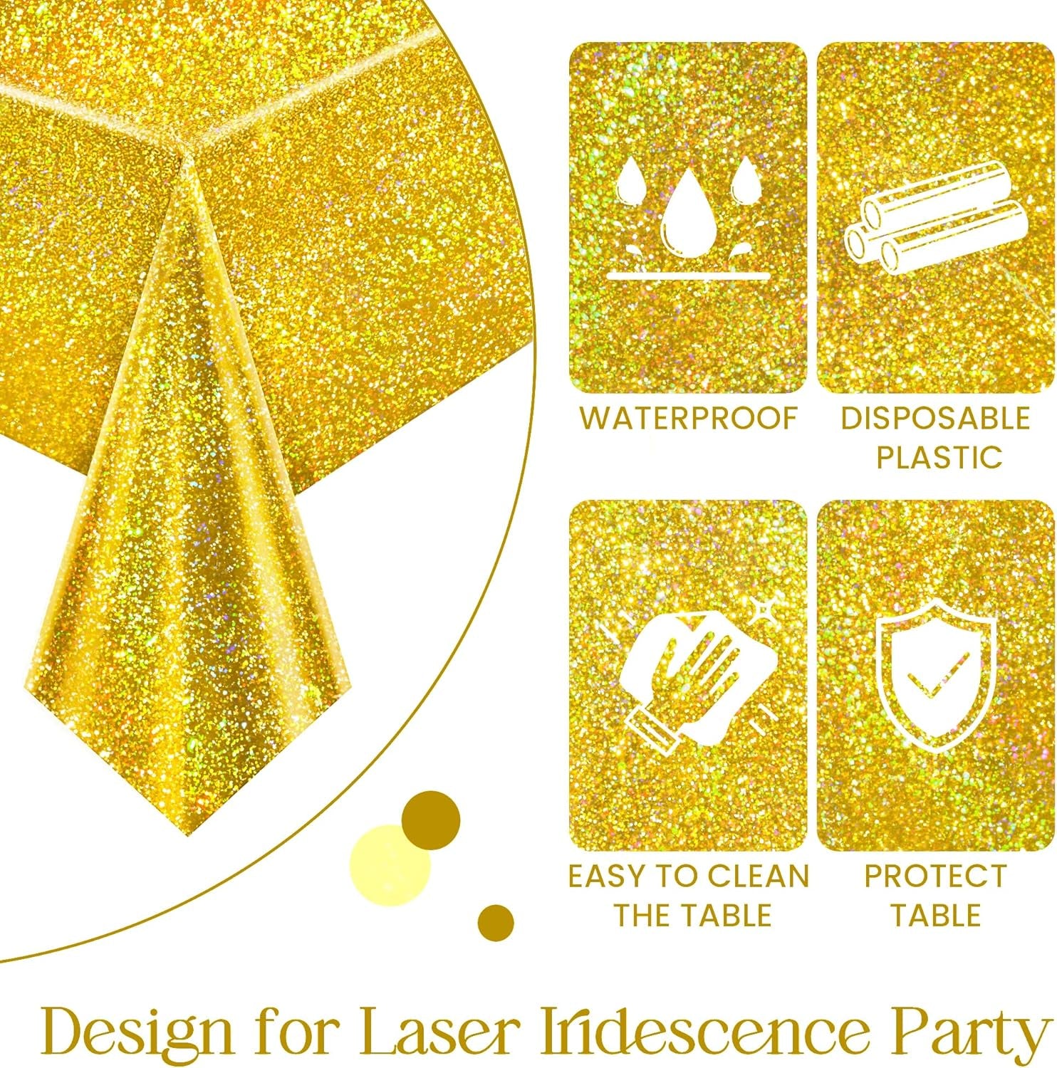 2 Pcs Gold Holographic Party Tablecloths 40" X 108" Laser Shiny Table Cloths Plastic Glitter Foil Table Cover for Christmas Wedding Graduation Baby Shower 1920S Birthday Party Anniversary Supplies