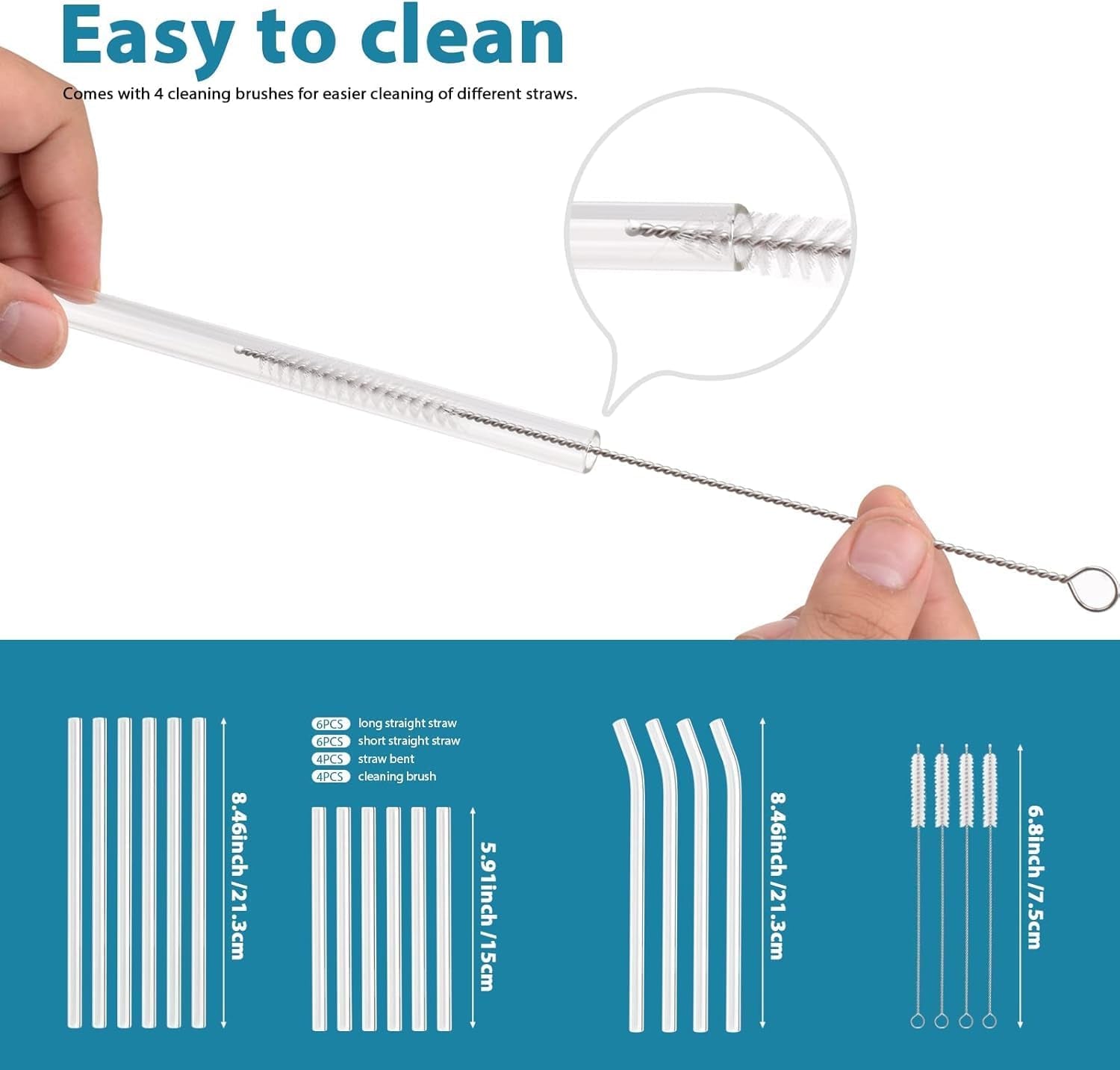 20 Pack Reusable Glass Straws,6 Straight and 4 Bent and 6 Short Glass Straw with 4 Brushes,Perfect for Cocktail, Smoothies, Juice, Milkshakes(8.5''/5.9''×10Mm)