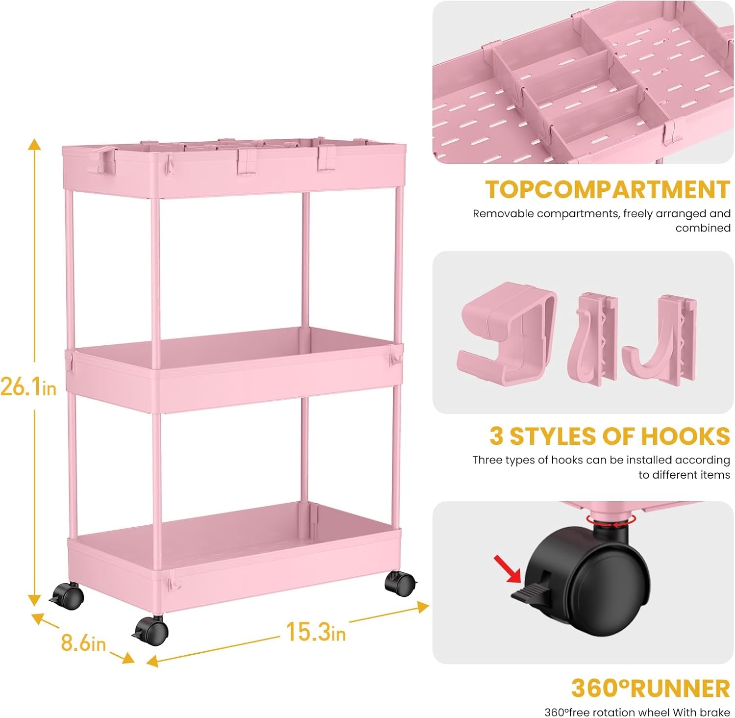 3 Tier Rolling Cart with Wheels, Storage Craft Art Trolley Organizer Serving, 3 Hanging Baskets Easy Assembly, for Office, Living Room, Kitchen, Pink