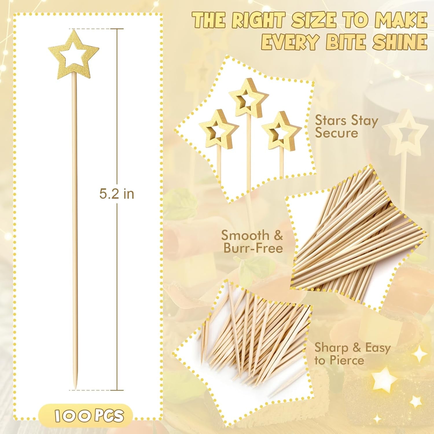 100PCS Gold Star Cocktail Picks, Decorative Fancy Toothpicks for Appetizers, 5.2 Inch Long Bamboo Skewers, Wooden Garnish Sticks for Drinks Food Fruit Party Supplies Charcuterie Boards Accessories