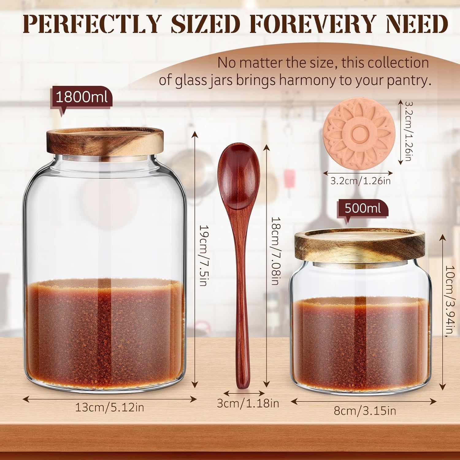 1800Ml 60.8Oz Large Brown Sugar Keeper Container Glass Sugar Jar with Lid and Spoon Airtight Food Storage Glass Bottle with 2 Terracotta Brown Sugars Saver for Kitchen Store Coffee Tea Flour
