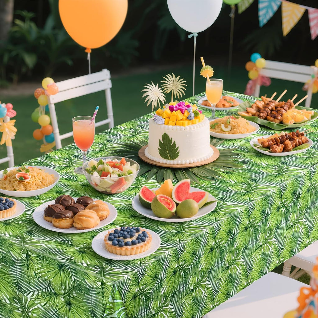 2 Pieces 54 X 108 Inch Hawaii Palm Leaves Tablecloth Plastic Tropical Jungle Tablecover Rectangular Luau Safari Hawaiian Themed Birthday Party Decorations