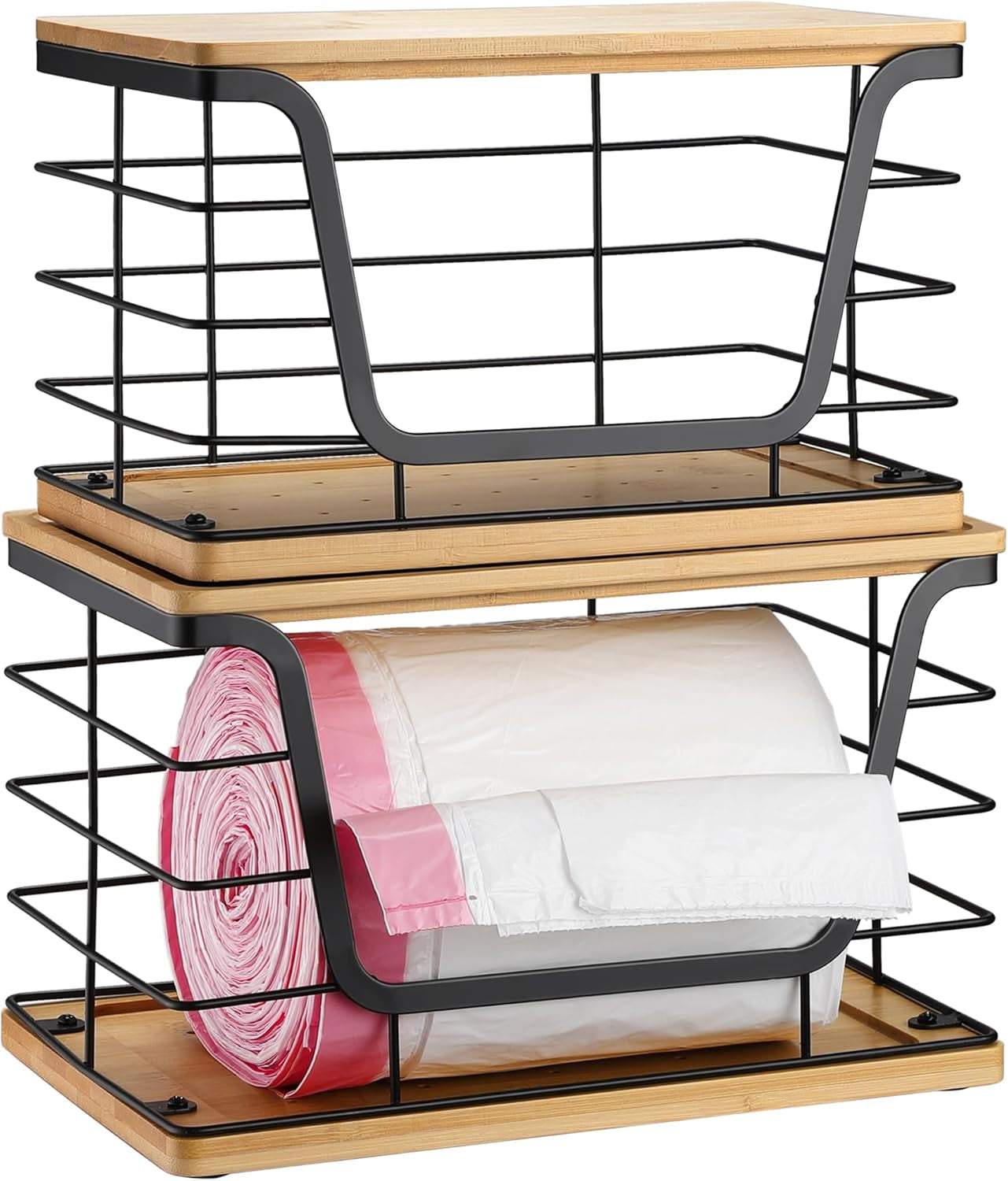 2 Pack Large Garbage Bag Dispenser for 13/30/33 Gallon Bags, Potato and Onion Storage Baskets with Bamboo Lid, Stainless Steel Stackable Storage Bins for Kitchen Laundry Pantry Room