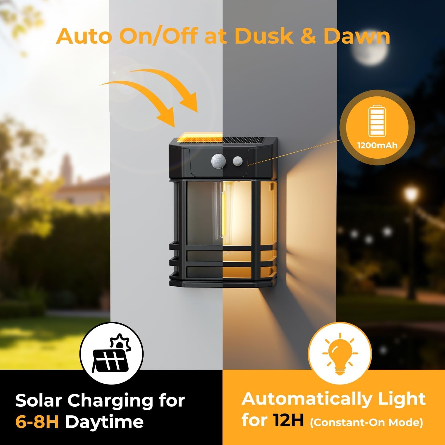 2 Pack Solar Wall Lights Outdoor,3 Modes Motion Sensor Lights Dusk to Dawn, IP65 Waterproof Porch Light Solar Powered, 1200Mah Wireless Wall Mount Sconces for outside Patio, Garage, Yard