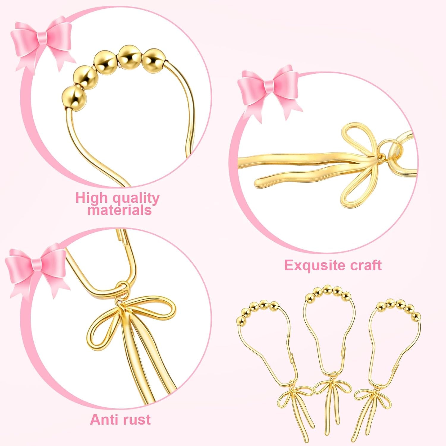 12 Pcs Gold Bow Knot Shower Curtain Hooks Rustproof Metal Decorative Bow Knot Shower Hangers Bulk Glide Curtain Rings for Bathroom Bedroom Living Room Decor