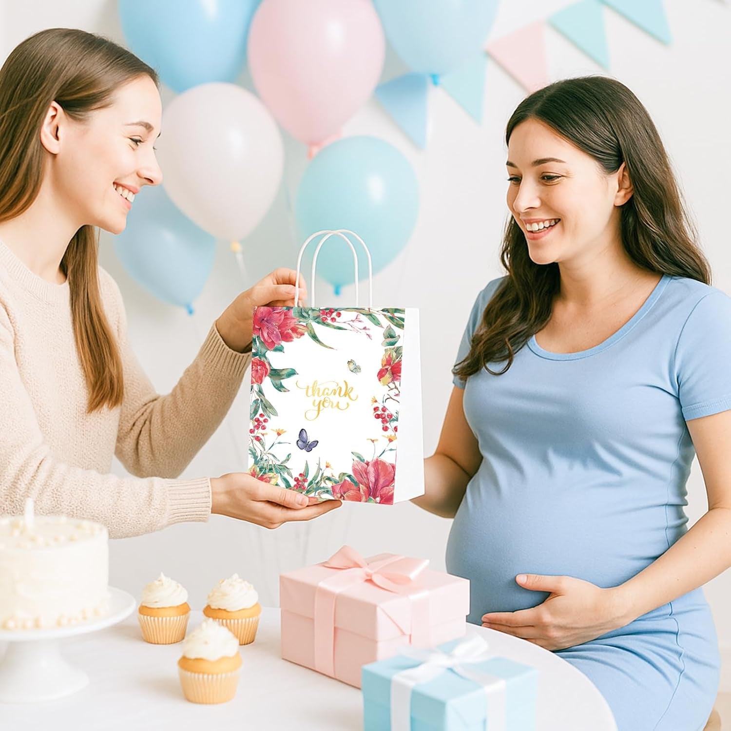 24 Pack Thank You Gift Bags, 5.5X8X2.8 Inch Small Return Gift Bags with Handles Floral Design for Business, Baby Showers, Weddings, Boutique