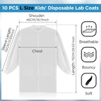 10 Pcs Kids Disposable Lab Coats White Science Coats Bulk for Child with Elastic Knit Cuffs and Front Snap Fastener