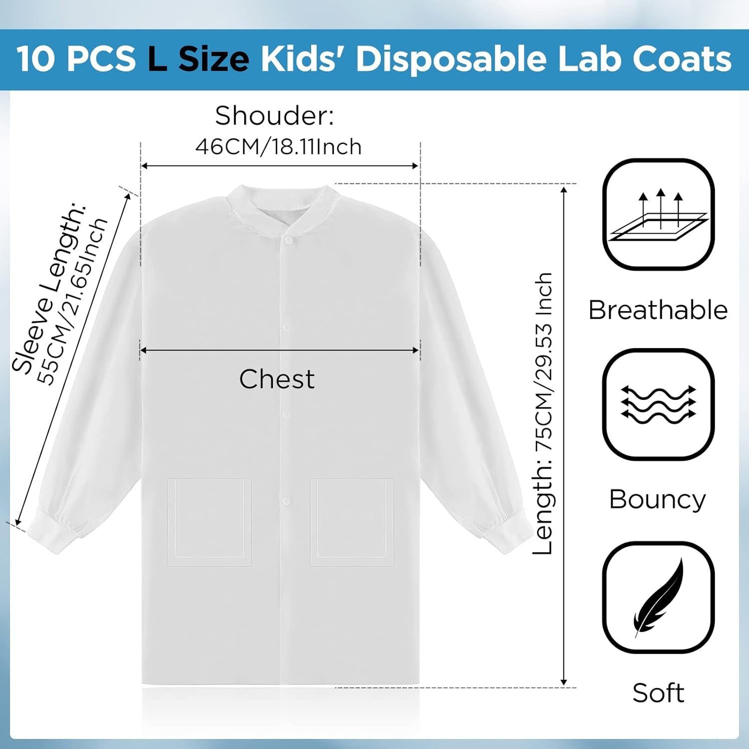 10 Pcs Kids Disposable Lab Coats White Science Coats Bulk for Child with Elastic Knit Cuffs and Front Snap Fastener