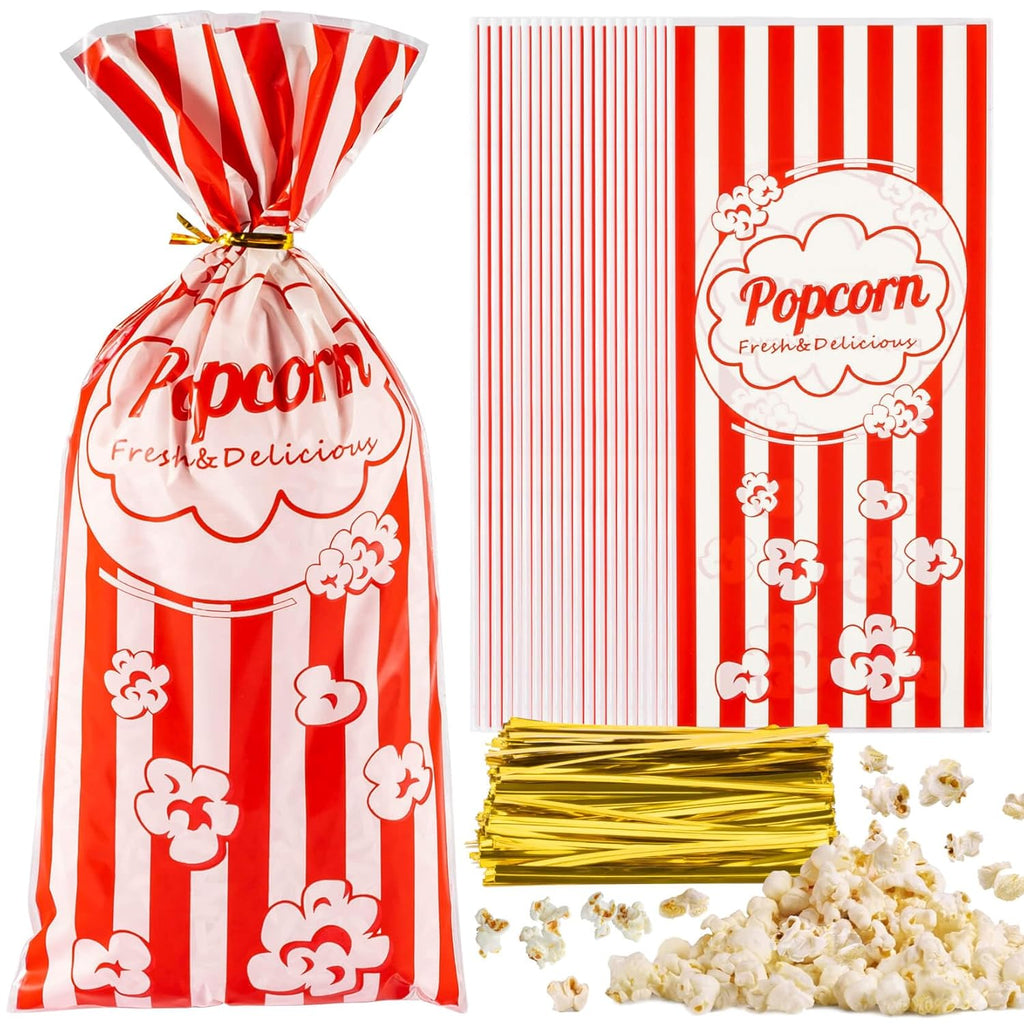 100 Popcorn Bags Individual Servings - Plastic Popcorn Food Bags with Twist Tie Pop Corn Party Sleeves Bulk Bar Snack Containers Nostalgia Gift Packs Carnival Halloween Christmas Movie Night Supplies