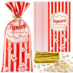 100 Popcorn Bags Individual Servings - Plastic Popcorn Food Bags with Twist Tie Pop Corn Party Sleeves Bulk Bar Snack Containers Nostalgia Gift Packs Carnival Halloween Christmas Movie Night Supplies