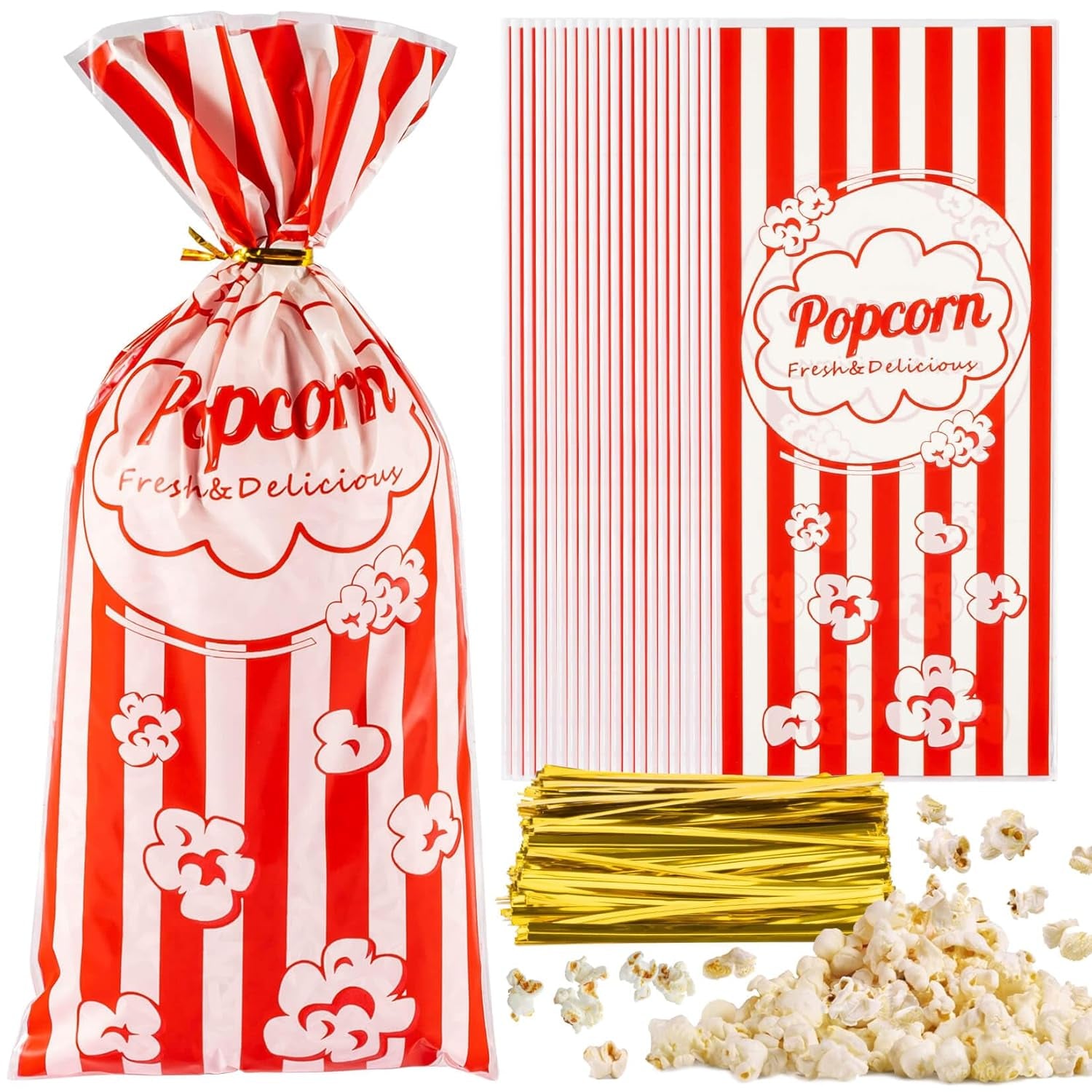 100 Popcorn Bags Individual Servings - Plastic Popcorn Food Bags with Twist Tie Pop Corn Party Sleeves Bulk Bar Snack Containers Nostalgia Gift Packs Carnival Halloween Christmas Movie Night Supplies