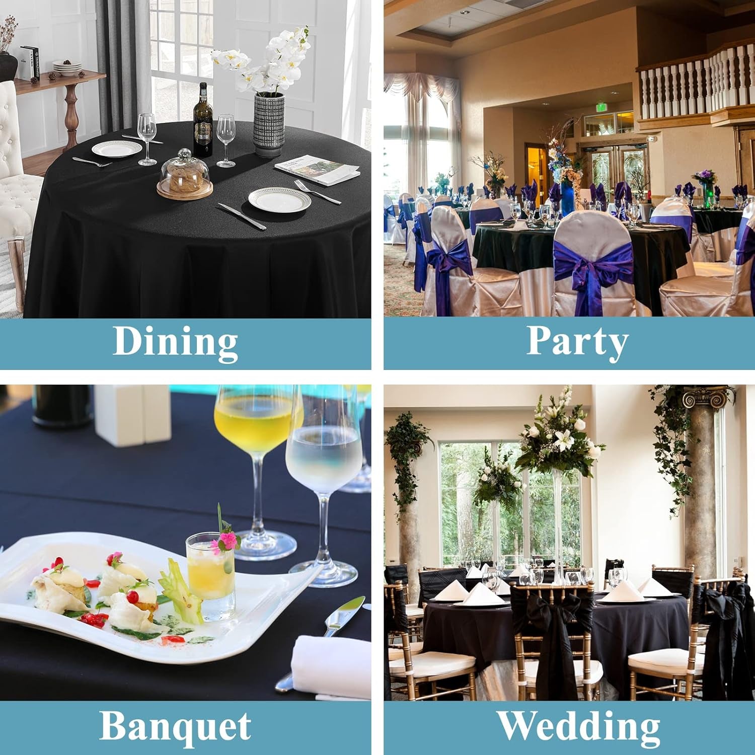 1 Pack 120Inch round Tablecloth Polyester Table Cloth, Stain Resistant and Wrinkle Polyester Dining Table Cover for Kitchen Dinning Party Wedding Rectangular Tabletop Buffet Decoration(Black)