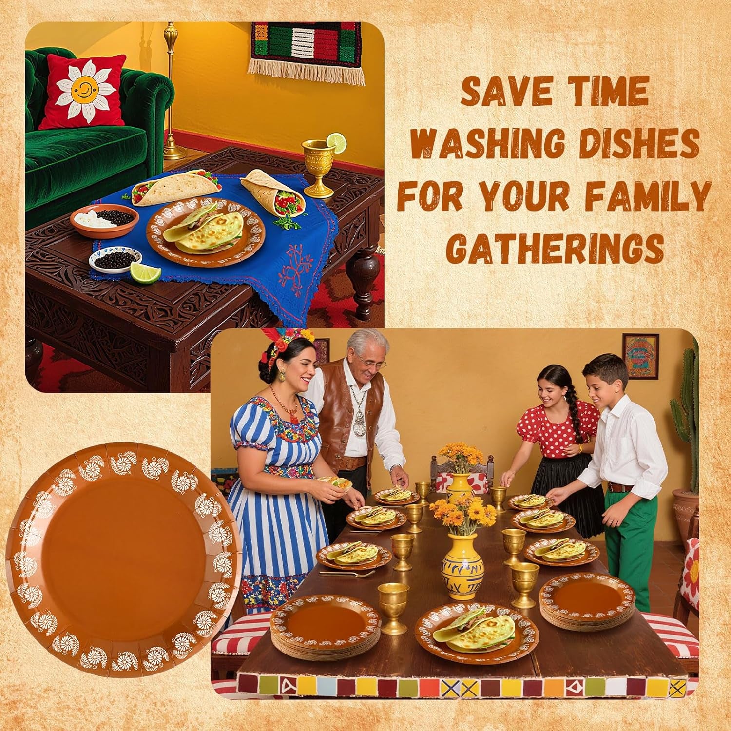 120 Pcs Platos De Barro Mexicanos Paper Plates Fall Cielito Lindo Party Decoration 7/9 Inch Mexican Plates Terracotta Flower Clay Pottery Paper Birthday Wedding Party Supplies (White Flowers)