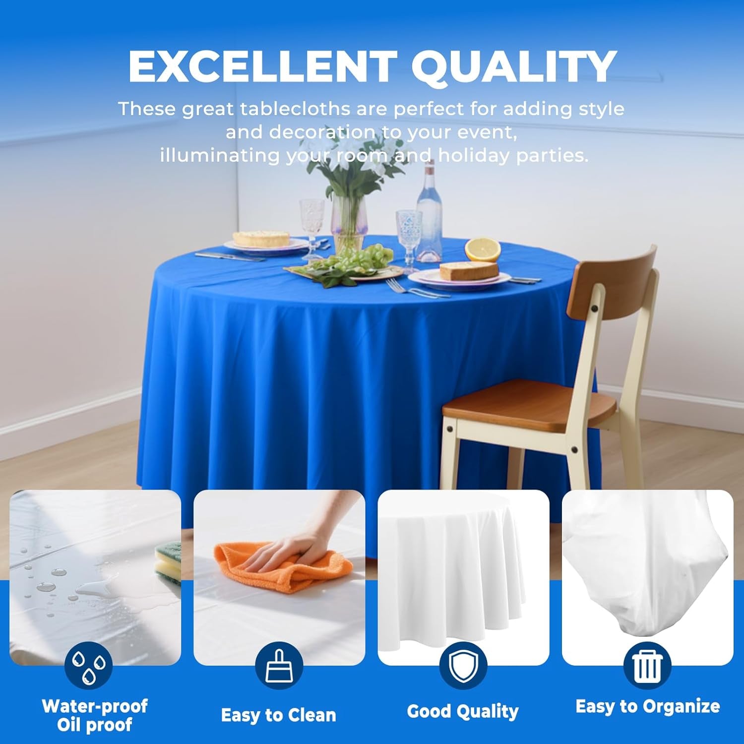 10 Pack Premium Disposable Plastic Tablecloth 84" round Table Cover for Birthdays Weddings Christmas Anniversary Buffet Table (Blue)