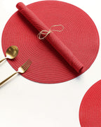 15 Inch round Braided Placemats Set of 4, Washable Heat Resistant Cotton Polyester Circle Place Mats for Kitchen Dining Table - Red