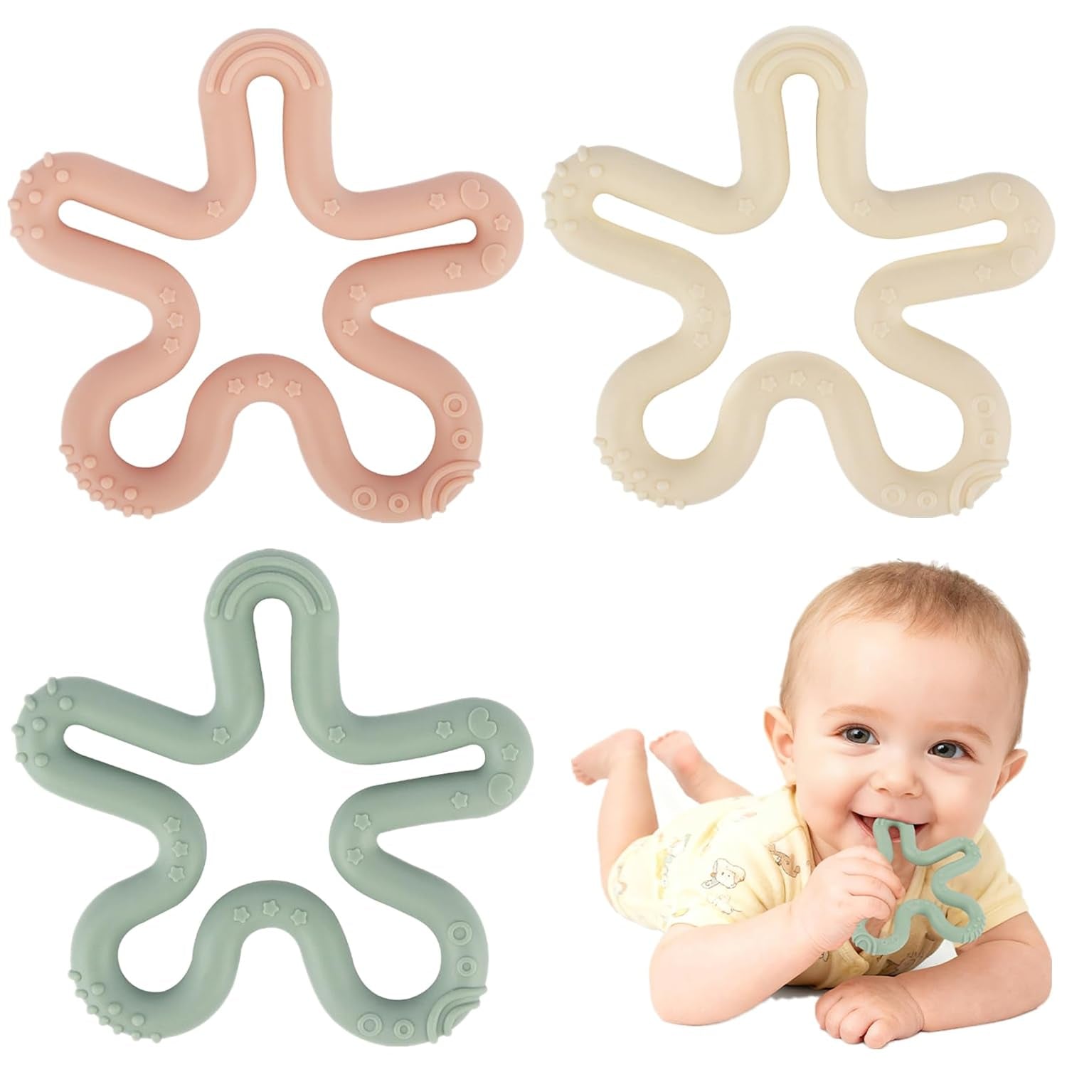 3 Pack Coral Flower Ring Teether Baby Teething Toys Silicone Teether Ring Toys for Babies 0-6 0-12 0-24 0-36 Months Easy to Grasp Clean Infant Teething Relief Soothing Sore Gums