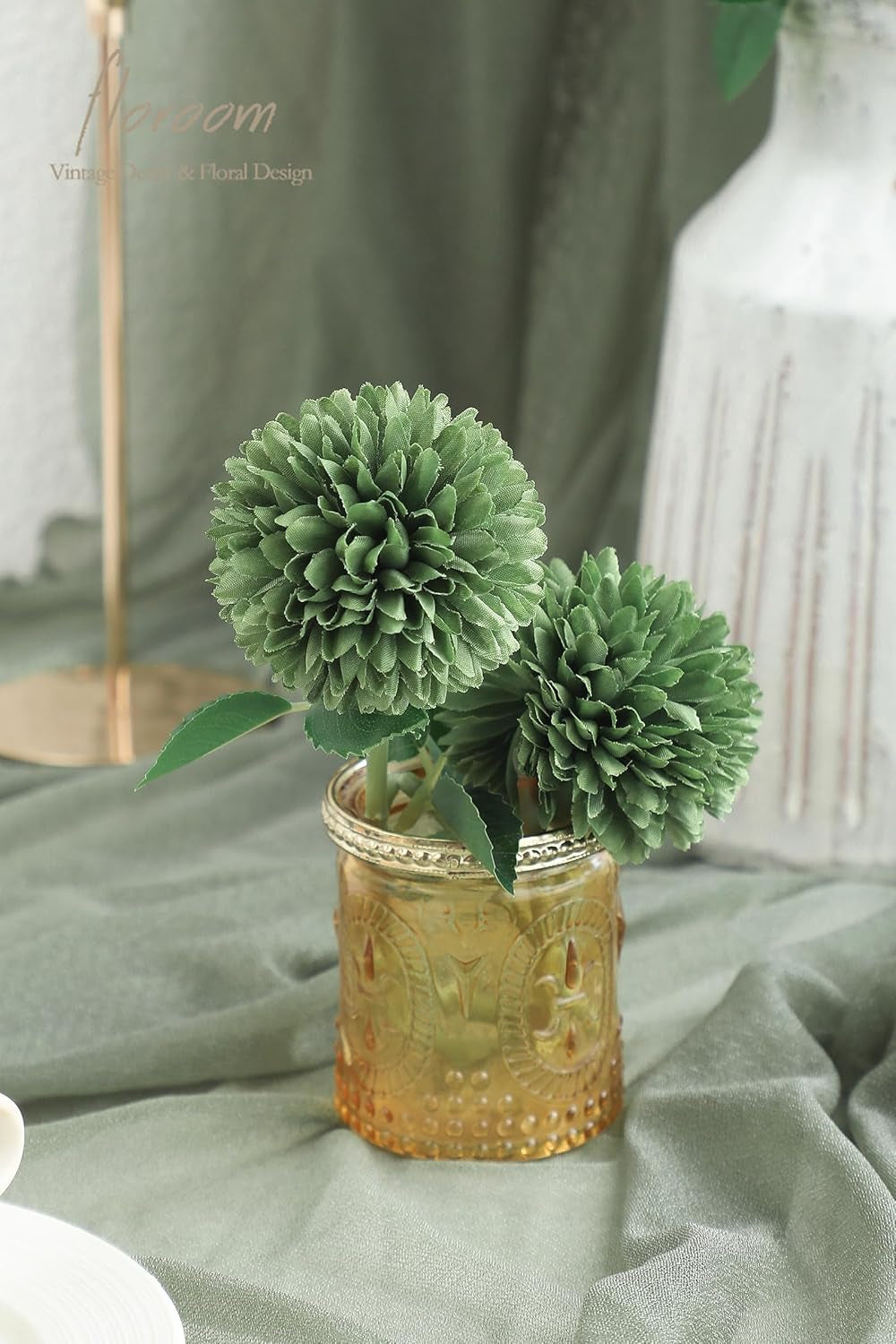 12Pcs Emerald Green Faux Silk Mums Artificial Flowers Bulk Fake Chrysanthemums with Stems for DIY Wedding Table Centerpieces Floral Arrangements Vase Fillers Home Decorations