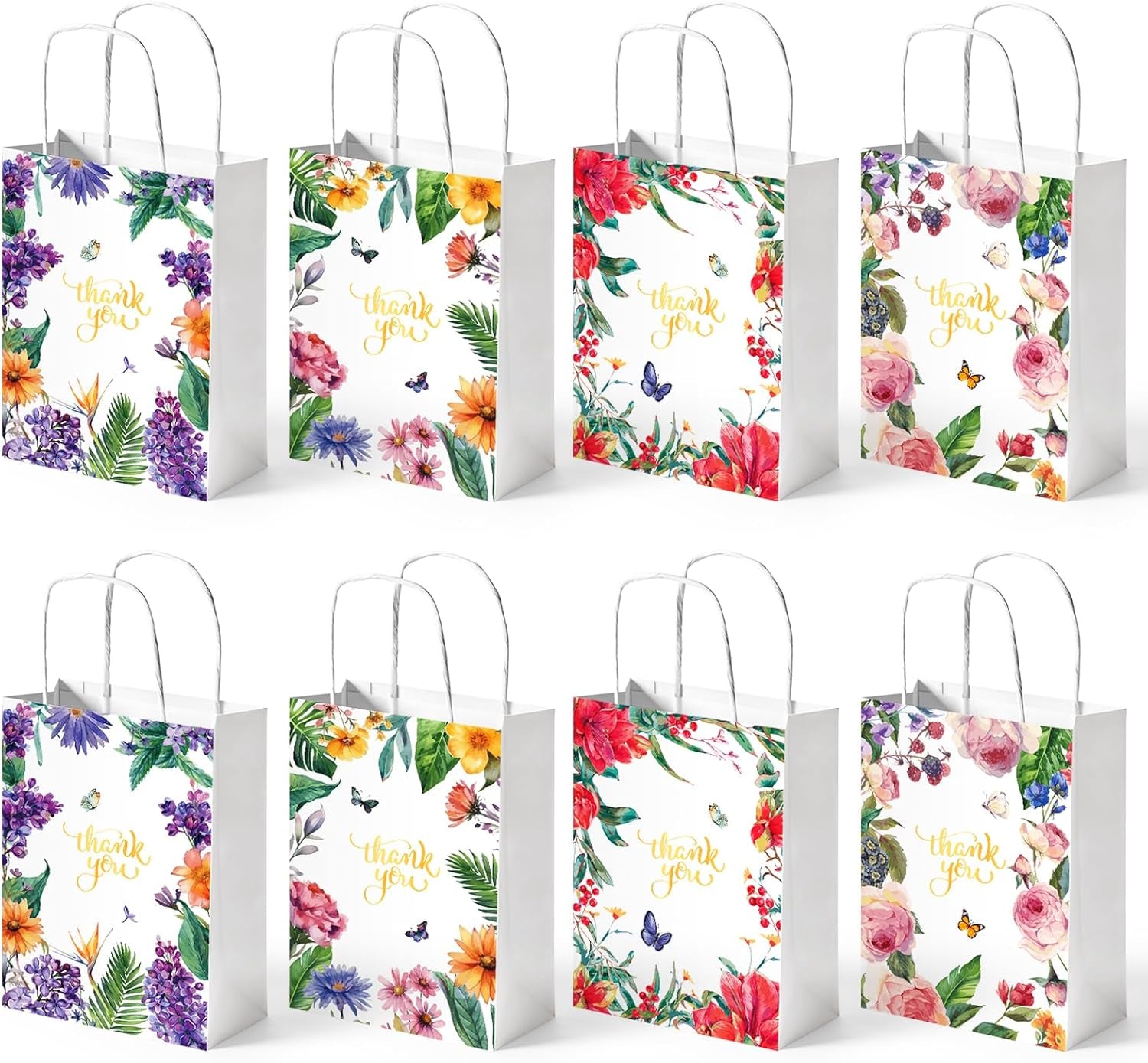24 Pack Thank You Gift Bags, 5.5X8X2.8 Inch Small Return Gift Bags with Handles Floral Design for Business, Baby Showers, Weddings, Boutique