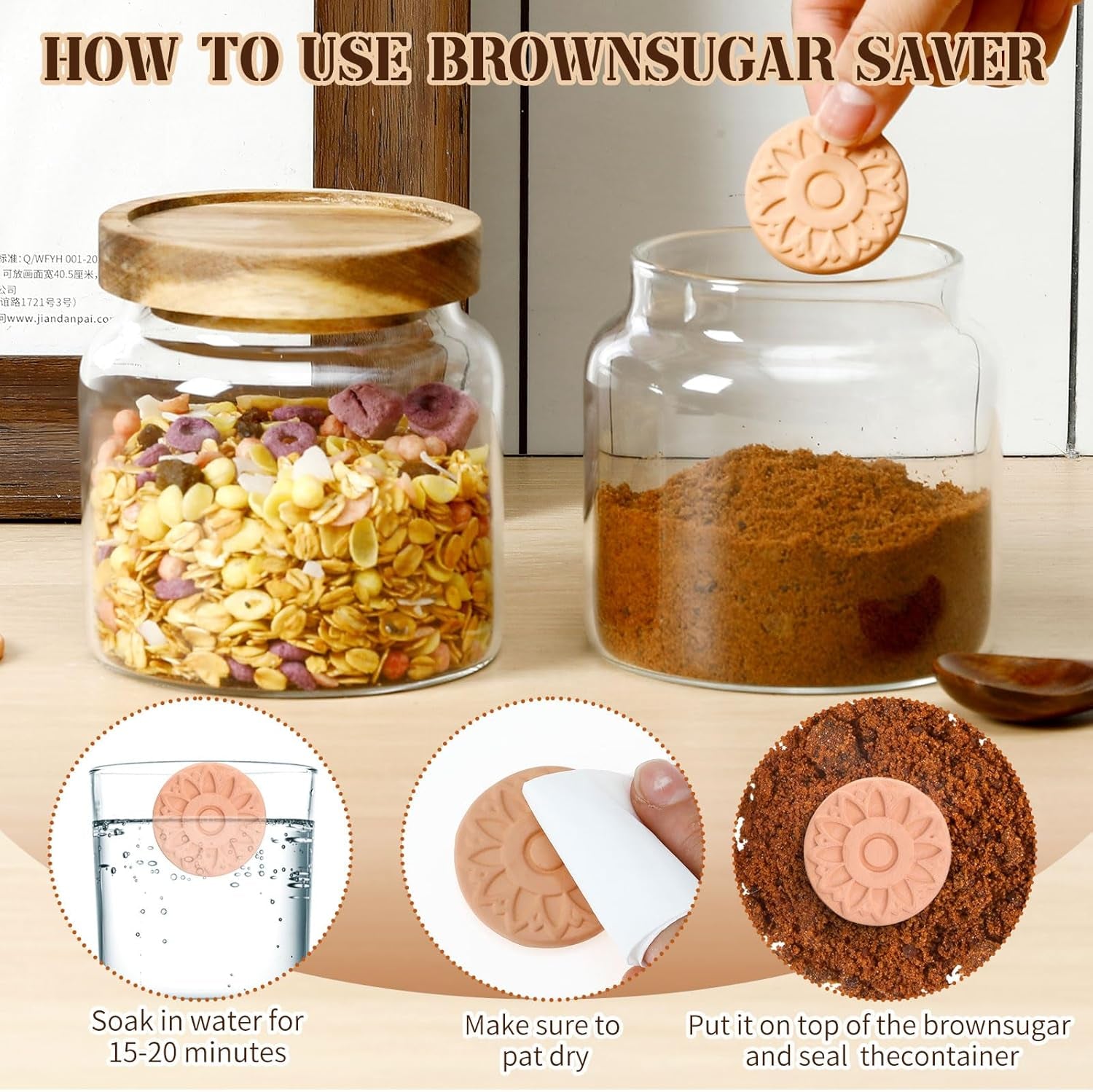 2 Pack Brown Sugar Keeper Container with Spoon, 500 Ml / 0.53 Qt Glass Brown Sugar Storage Container with Wooden Spoon and Lid, Clear Glass Storage Jar for Baking, Salt and Snacks Saver