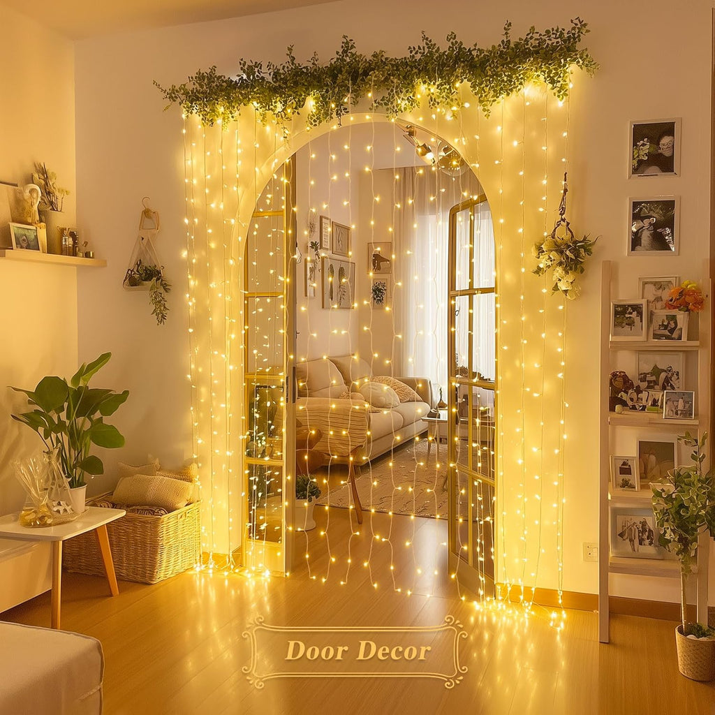 200 LED Christmas Curtain Lights Battery Operated & USB Plug In, 8 Modes Warm White Curtain String Lights for Backdrop Bedroom Classroom Wedding Party Decorations