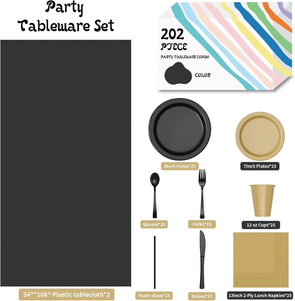 202 Pieces Disposable Plastic Dinnerware Set, Plastic Cutlery Set Includes 25 of Each Dinner Plates|Dessert Plates|Cups|Napkins|Straws|Spoons, Forks & Knives (Black & Gold, 202PCS（25 Guests）)