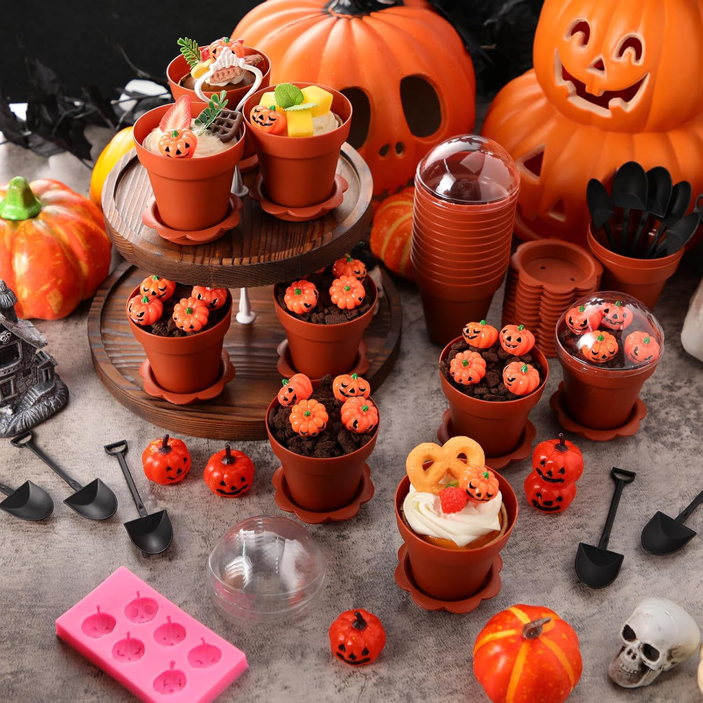 24 Pack Halloween Flowerpot Dessert Cup with Lids and Shovel Spoon Bottom Tray Halloween Cake Decoration Mold Small Flowerpot Cups Dessert Ice Cream Holder for Party DIY Supplies(Pumkin)