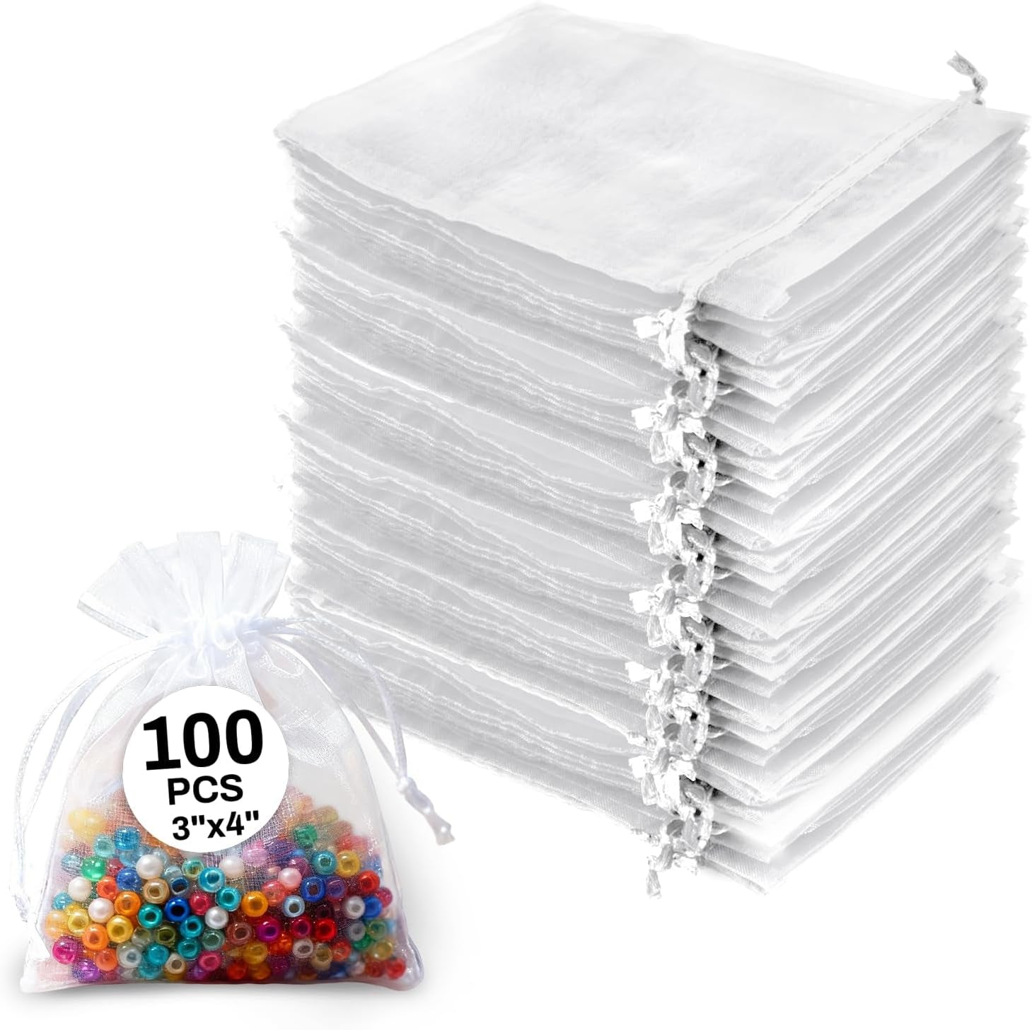 100 White Organza Bags 3''X4'' - Small Organza Sachet Jewelry Gift Favor Bags Drawstring Mesh Bags Valentines Wedding Eid Mubarak Halloween Eve Christmas New Year Party Candy Fruit Wrap Bulk