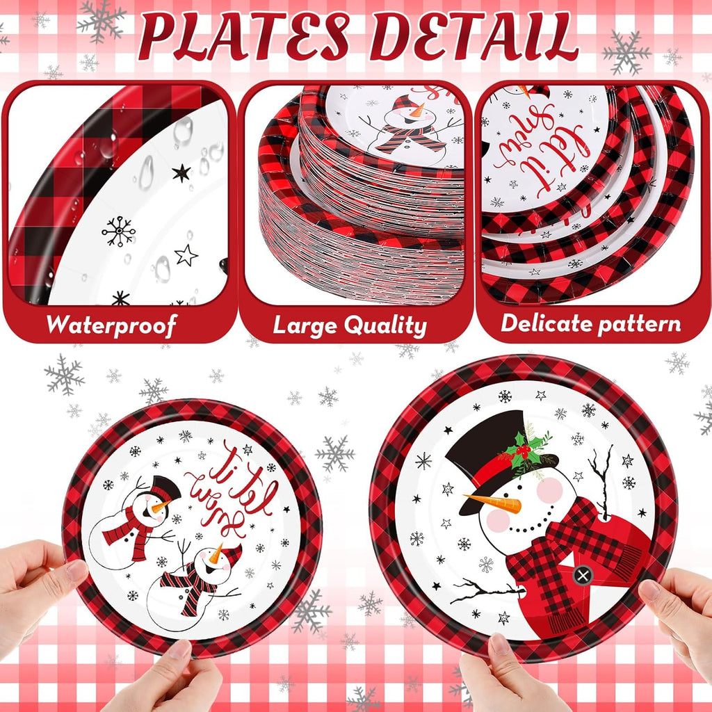 100 Pack Christmas Paper Plates 9" & 7" Snowman Winter Gingham Disposable Dessert Plates for Holiday Xmas Party Supplies(Round,Black and White)