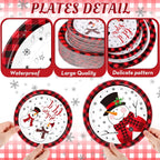 100 Pack Christmas Paper Plates 9" & 7" Snowman Winter Gingham Disposable Dessert Plates for Holiday Xmas Party Supplies(Round,Black and White)