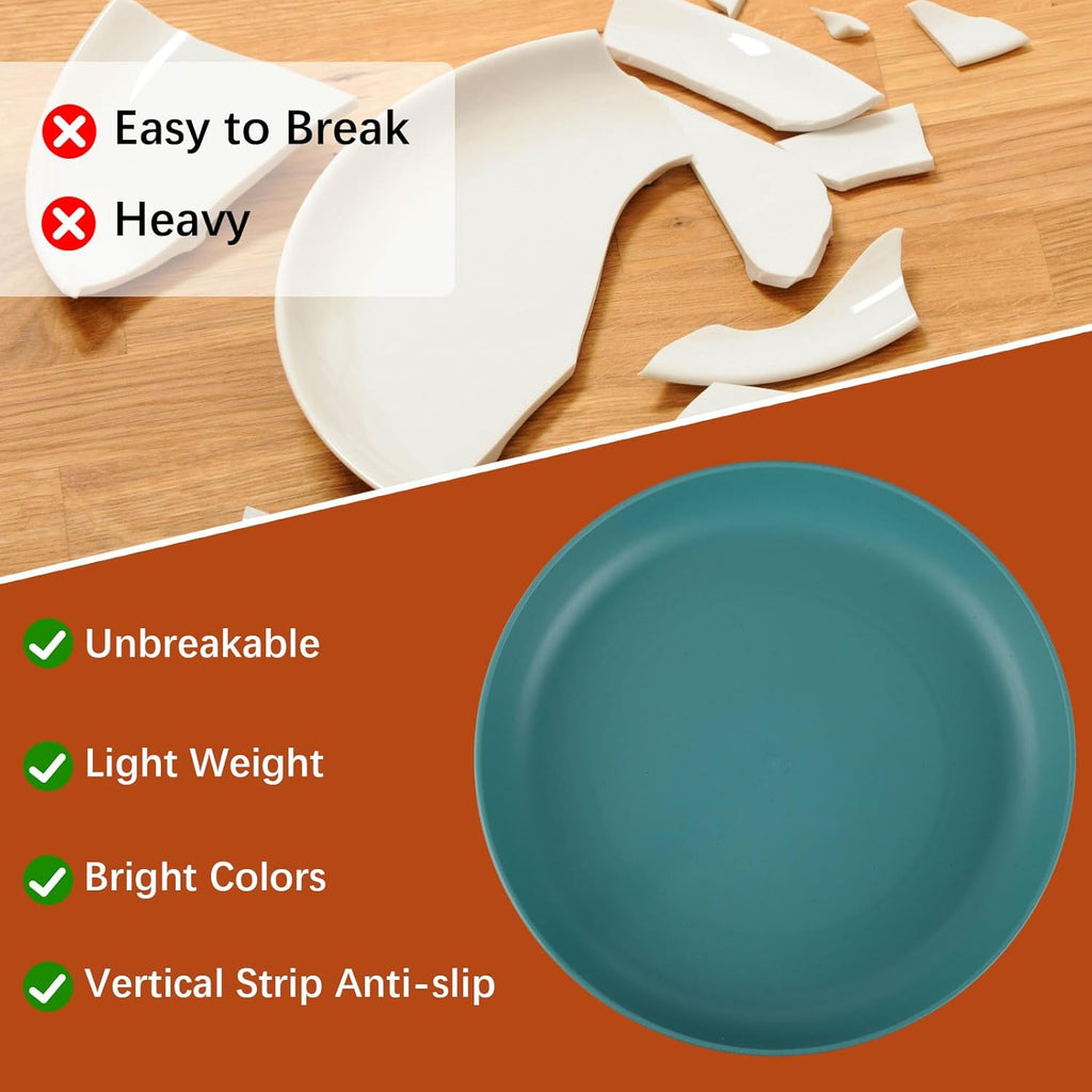 12 PCS Plastic Wheat Straw Plates, 9 Inch Unbreakable Kids Plate Deep Dinner Plates- Microwave and Dishwasher Safe Plate for RV, Traveling, Camper, Picnics, 8 Colors