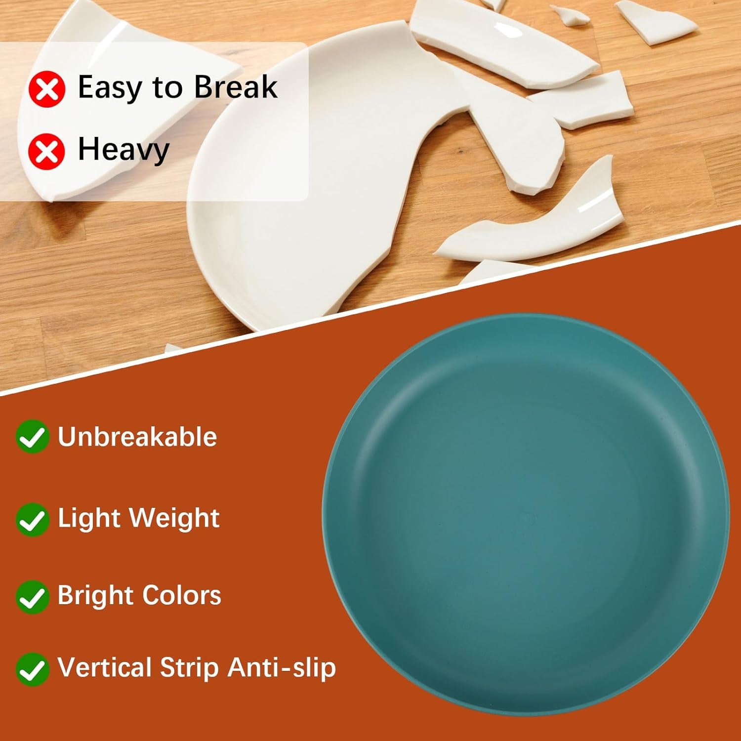 12 PCS Plastic Wheat Straw Plates, 9 Inch Unbreakable Kids Plate Deep Dinner Plates- Microwave and Dishwasher Safe Plate for RV, Traveling, Camper, Picnics, 8 Colors