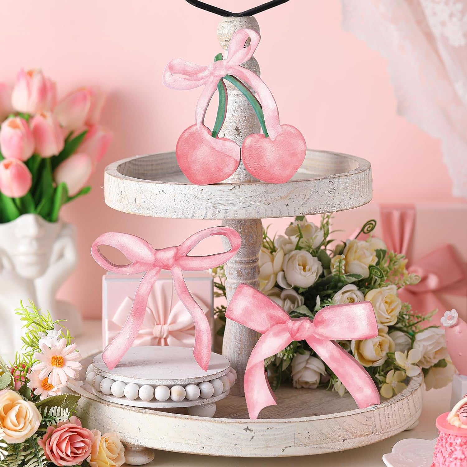 3 Pcs Pink Bow Coquette Room Decor Wooden Sign Preppy Room Coquette Party Decor Girly Pink Bows Tiered Tray for Home Dorm Wall Desk Shelf Tabletop Christmas Decoration(Cherry Style)