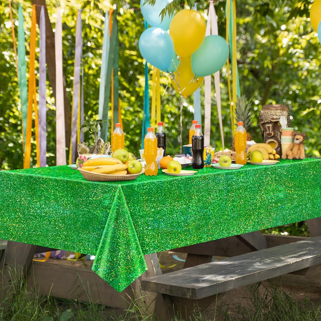 1 Pcs Green Holographic Laser Tablecloth 40" X 108" Christmas Table Cloth Shimmer Shining Plastic Metallic Table Cover for Jungle Safari Wild One Baby Shower Birthday Party Decoration Supplies